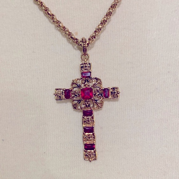 2 Camrose Kross Jackie Kennedy Faux Emerald & Ruby Gold-Tone Cross.12K GF Chains - Picture 2 of 8